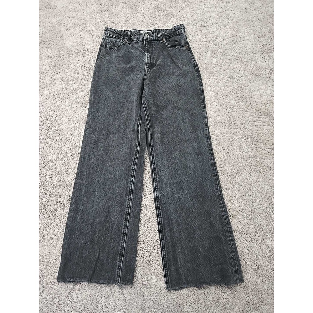 Zara Jeans Womens 8 Washed Black High Rise Wide Leg Raw Hem Streetwear Y2k